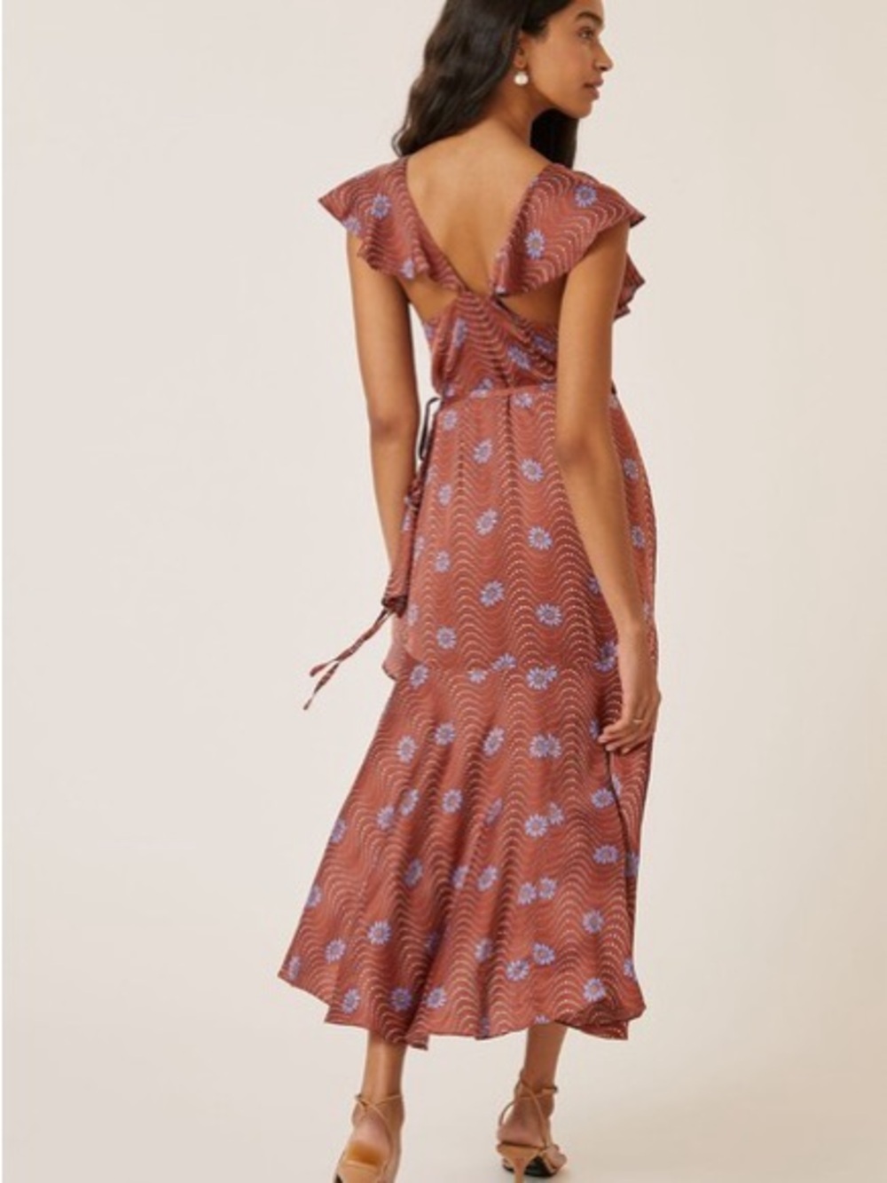 Anthropologie Rust Floral Wrap Midi Dress with Ruffle Sleeves - Picture 2 of 7
